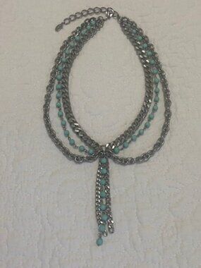 Vintage Guess Silver Tone & Turquoise Colored Multi-Row Chunky Chain Necklace